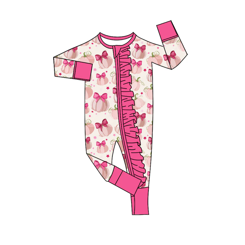 ( Moq 5 ) Baby Girls Infant Pumpkins Bows Ruffle Zipper Pink Romper Footie Sleeper Fall Clothes