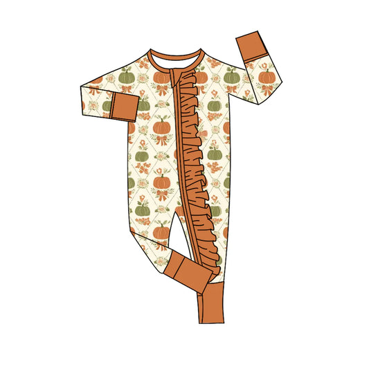 ( Moq 5 ) Baby Girls Infant Long Sleeves Pumpkins Bows Flower Ruffle Zipper Romper Fall Clothes