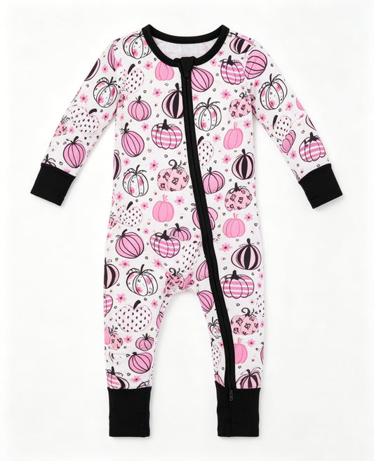 ( Moq 5 ) Baby Girls Infant Flower Pumpkins Zipper Pink Romper Footie Sleeper Fall Clothes