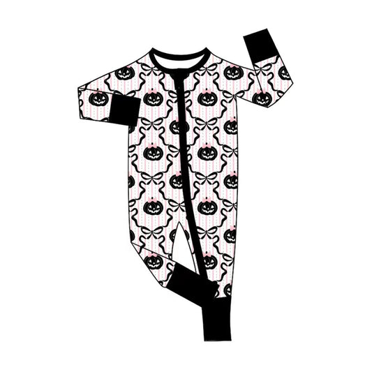 ( Moq 5 ) Preorder Baby Girls Pumpkins Bows Zipper Footie Sleeper Black Romper Halloween Clothes