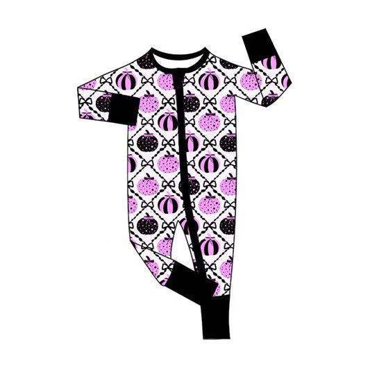 ( Moq 5 ) Preorder Baby Girls Pink Pumpkins Bows Zipper Footie Sleeper Romper Halloween Clothes