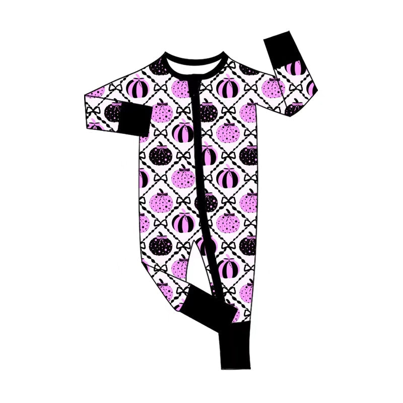 ( Moq 5 ) Preorder Baby Girls Pink Pumpkins Bows Zipper Footie Sleeper Romper Halloween Clothes