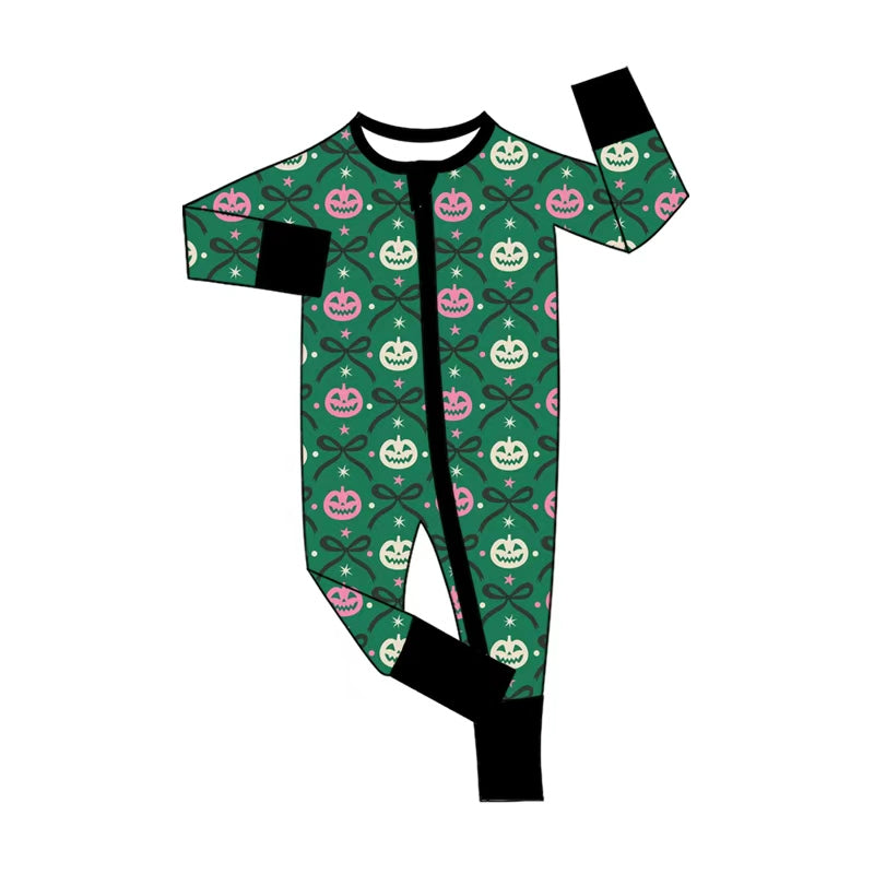 ( Moq 5 ) Preorder Baby Girls Pumpkins Bows Zipper Footie Sleeper Romper Halloween Clothes