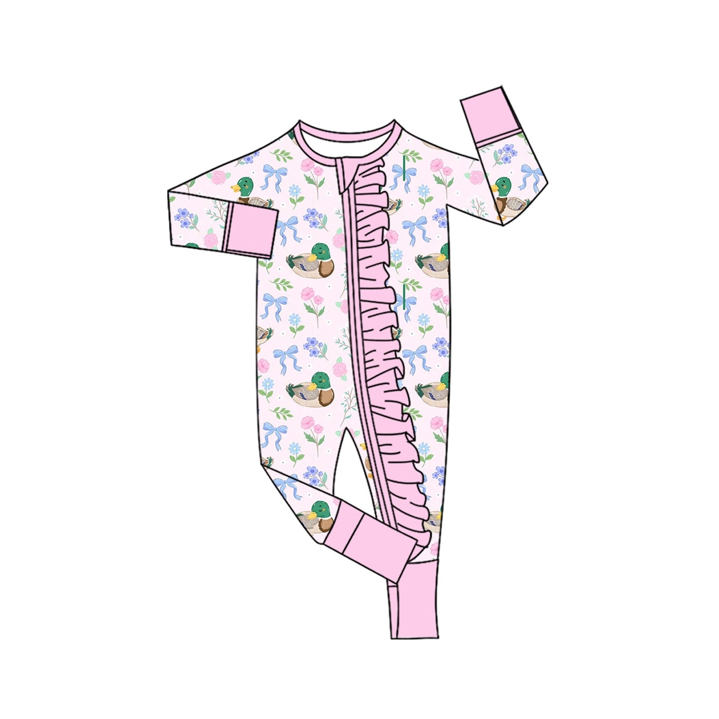 ( Moq 5 ) Preorder Baby Girls Kids Ducks Flower Bows Pink Ruffle Zipper Footie Sleeper Romper