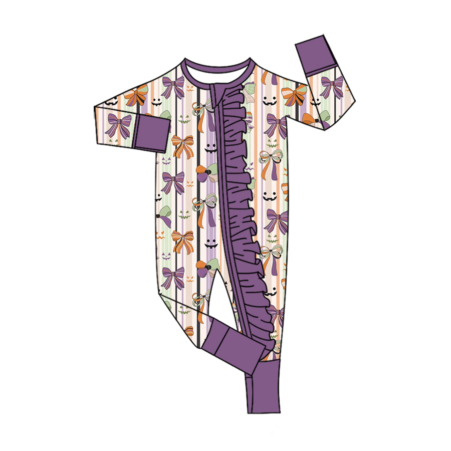 ( Moq 5 ) Preorder Baby Girls Bows Purple Ruffle Zipper Footie Sleeper Romper Halloween Clothes