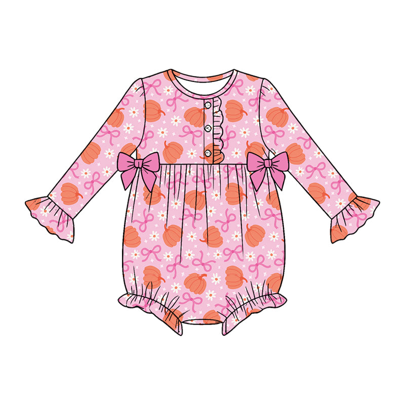 ( Moq 5 ) Preorder Baby Girls Infant Long Sleeves Bows Pumpkins Flower Pink Romper Fall Clothes