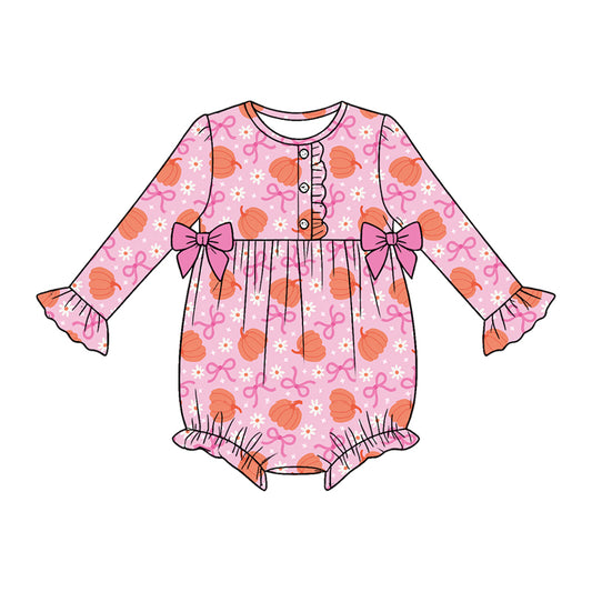 ( Moq 5 ) Preorder Baby Girls Infant Long Sleeves Bows Pumpkins Flower Pink Romper Fall Clothes