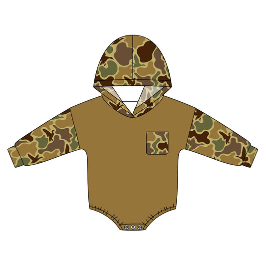 ( Moq 5 ) Preorder Baby Boys Infant Long Sleeves Ducks Camo Pocket Hoodie Bubble Romper