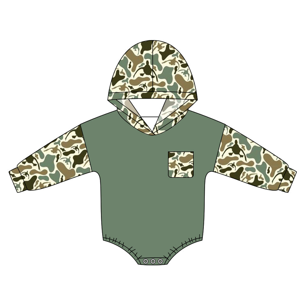 ( Moq 5 ) Preorder Baby Boys Long Sleeves Ducks Camo Pocket Hoodie Green Bubble Romper