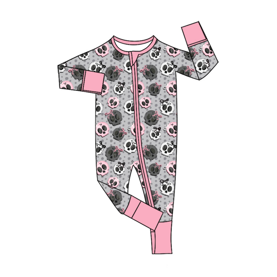 ( Moq 5 ) Preorder Baby Girls Ghosts Bows Halloween Two-way Zipper Footie Sleeper Romper