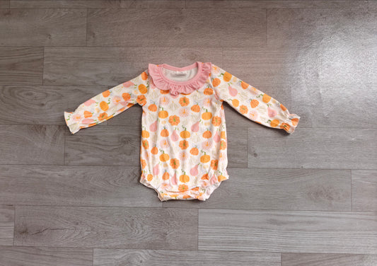 ( No moq ) Preorder Baby Girls Infant Long Sleeve Pumpkins Bows Ruffle Bubble Romper