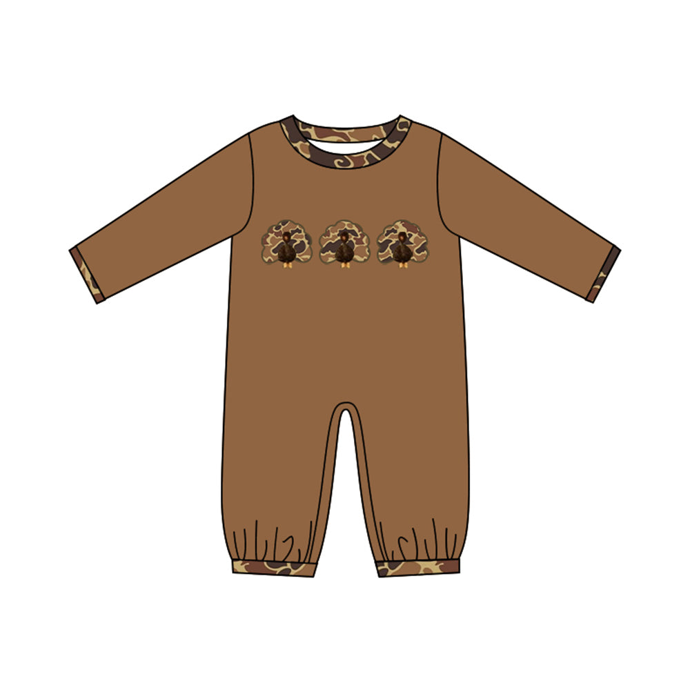 ( No moq ) Preorder Baby Boys Kids Long Sleeve Camo turkey Fall Romper Brown Clothes