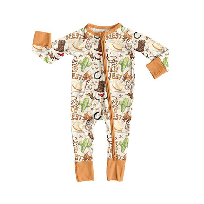 ( No moq ) Preorder Baby Boys Kids Long Sleeves Western Cow Cactus Zipper Footie Sleeper Romper