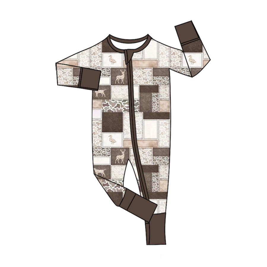 ( No moq ) Preorder Baby Boys Kids Long Sleeves Ducks Deer Camo Zipper Footie Sleeper Romper