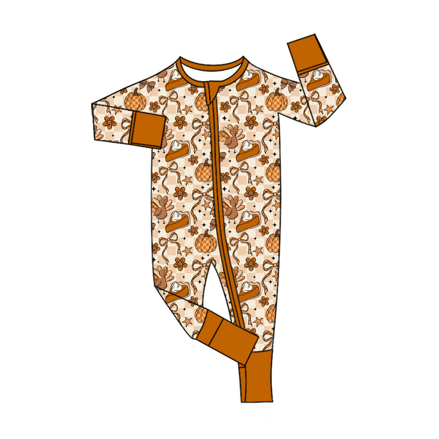 ( No moq ) Preorder Baby Girls Kids Long Sleeves Pumpkins turkey Bows Zipper Footie Sleeper Fall Romper