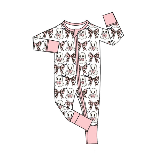 ( No moq ) Preorder Baby Girls Kids Long Sleeves Halloween Ghosts Bows Zipper Footie Sleeper Romper