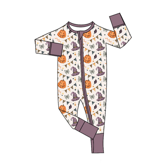( No moq ) Preorder Baby Girls Kids Long Sleeves Halloween Pumpkins Bows Zipper Footie Sleeper Romper