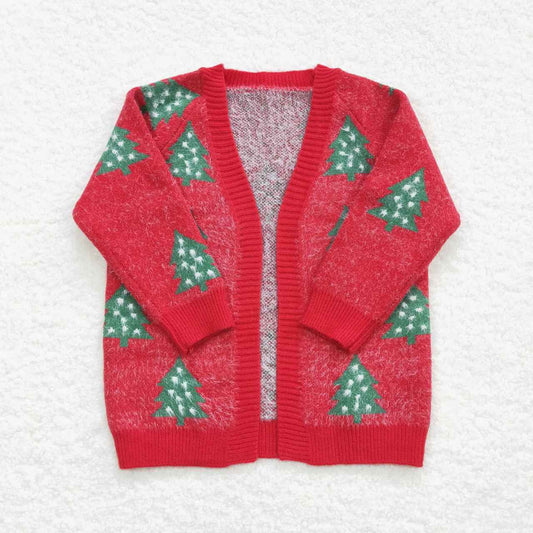 GT0356 Baby Girl Kids Christmas Tree Sweater Red Long Coat