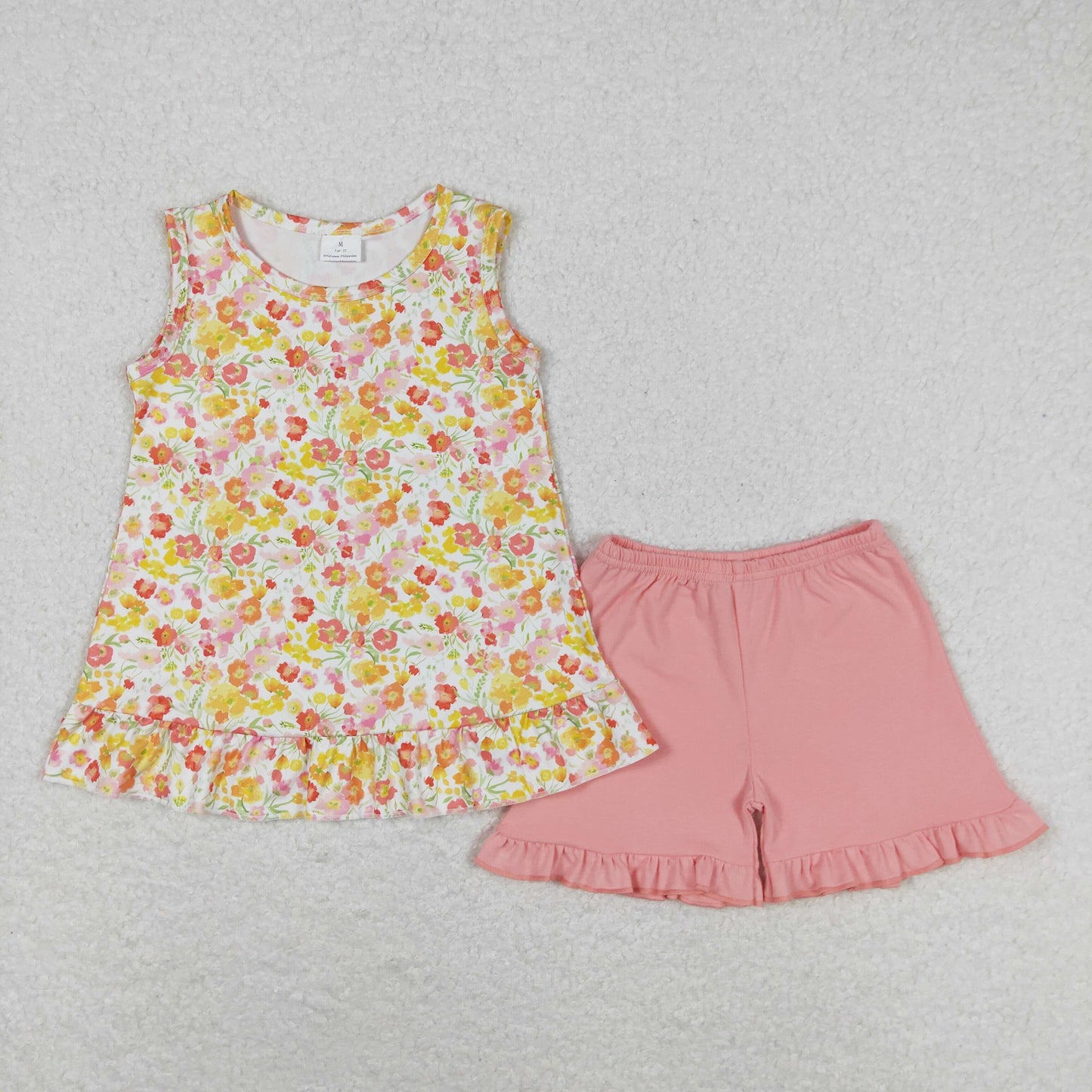 Baby Girl Sleeveless Floral Tops Pink Cotton Shorts Set