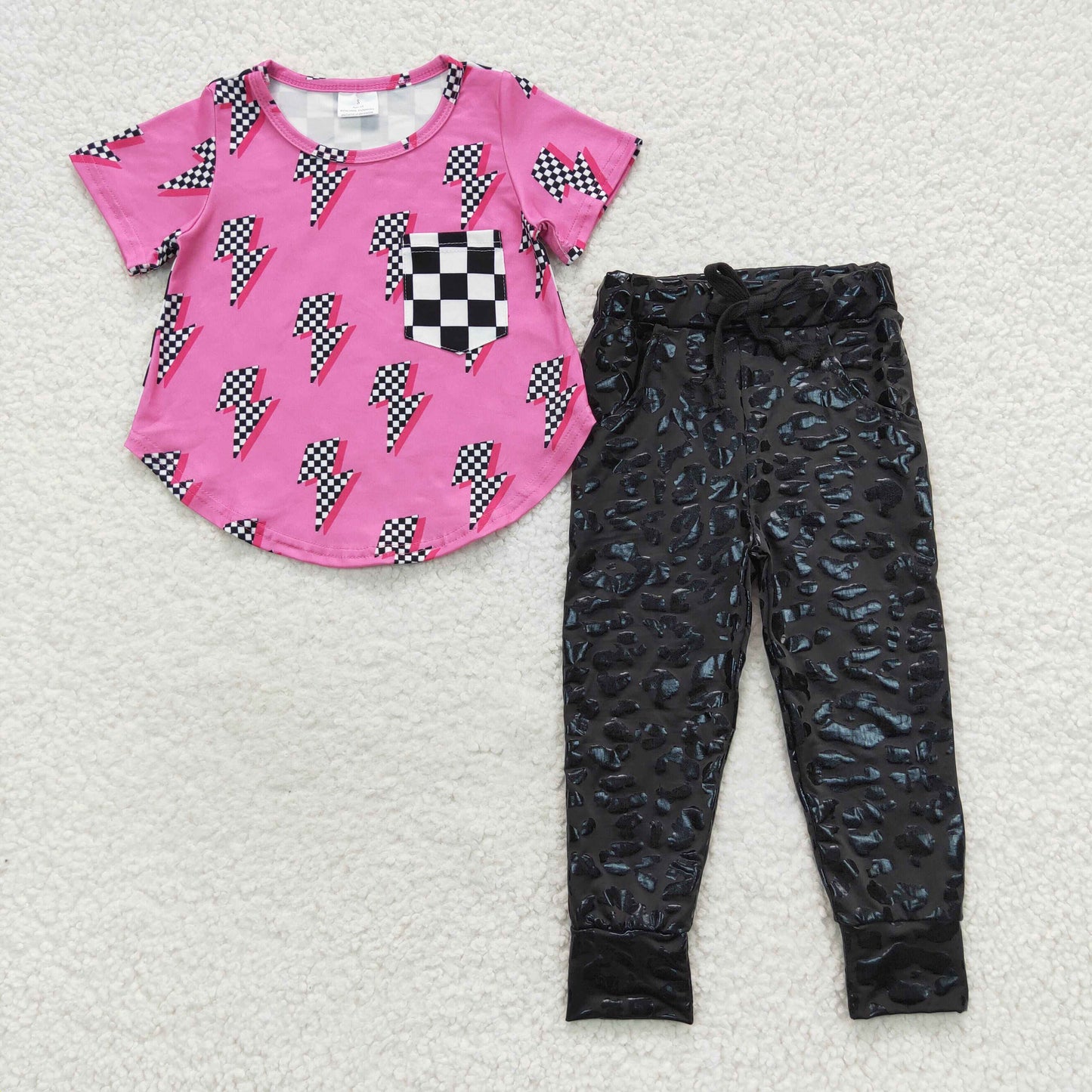 Baby Girl Short Sleeves Tape Check Pocket Shirt Black Leather pants Outfit