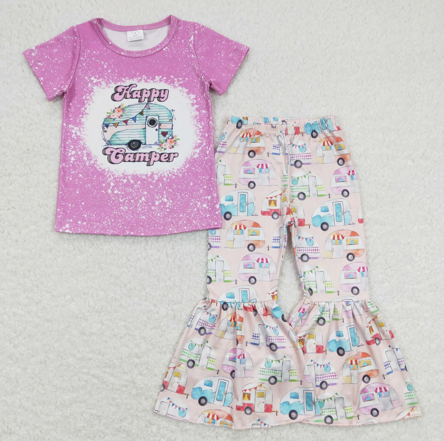 GSPO1196 Baby Girl Short Sleeves Happy Camper Shirt Bell Pants Set