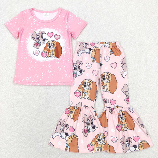 GSPO1233 Valentine's Day Baby Girl Short Sleeves Shirt Dogs Hearts Bell Pants Set
