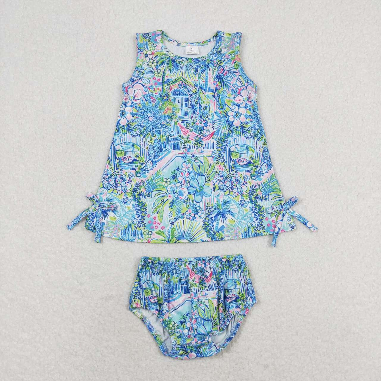 Baby Girl Sleeveless Flower Blue Tops Bummie Shorts Summer Set