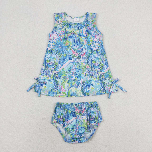Baby Girl Sleeveless Flower Blue Tops Bummie Shorts Summer Set