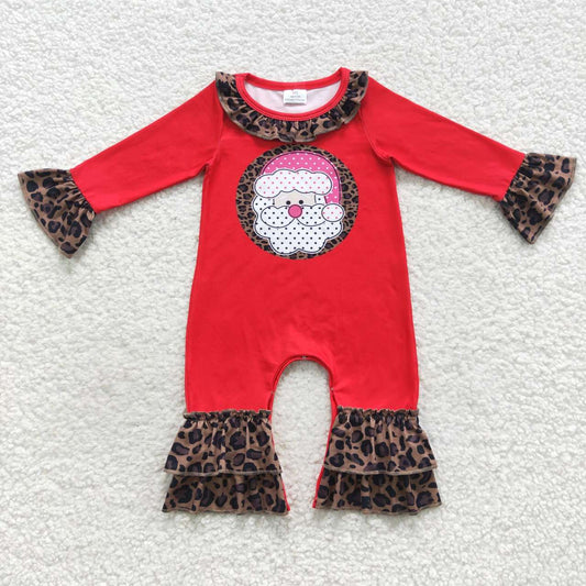 LR0435 Baby Girl Long Sleeves Christmas Santa Leopard Romper