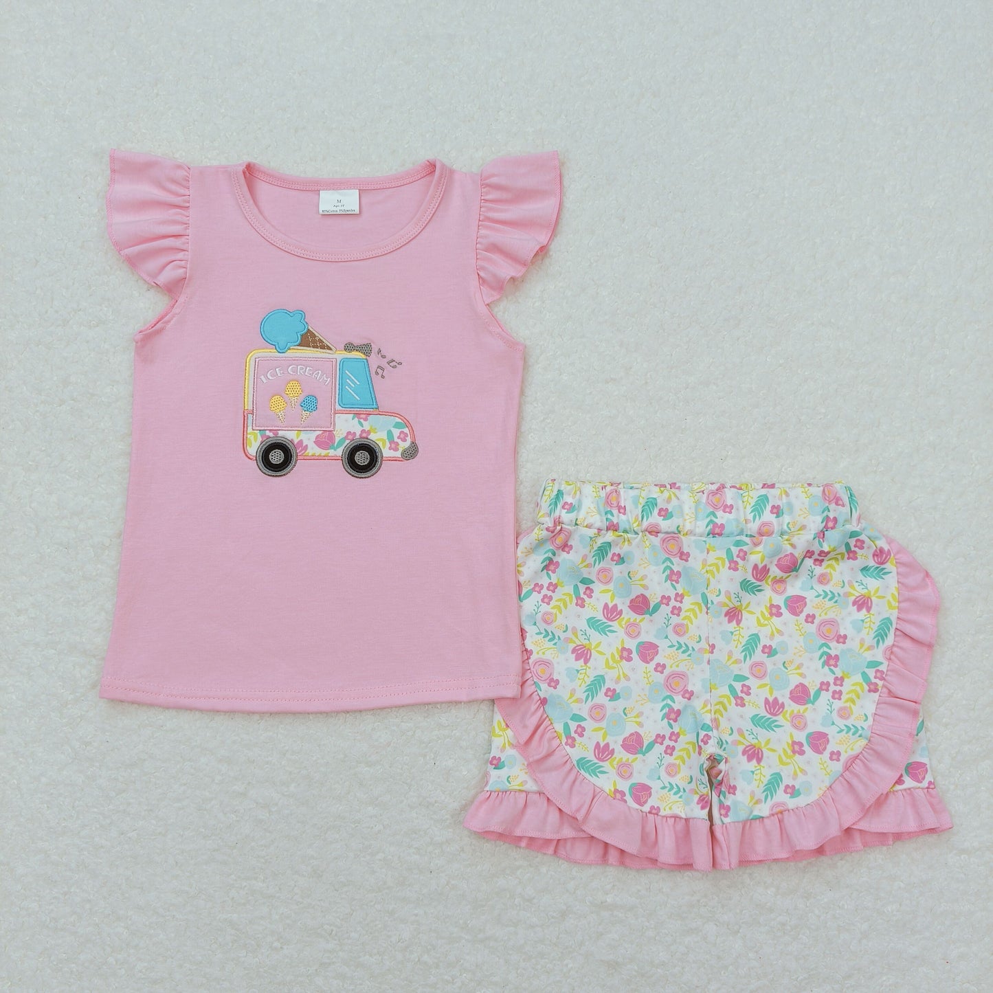 Baby Girl Embroidery Popsicle Pink Shirt Floral Shorts Summer Set