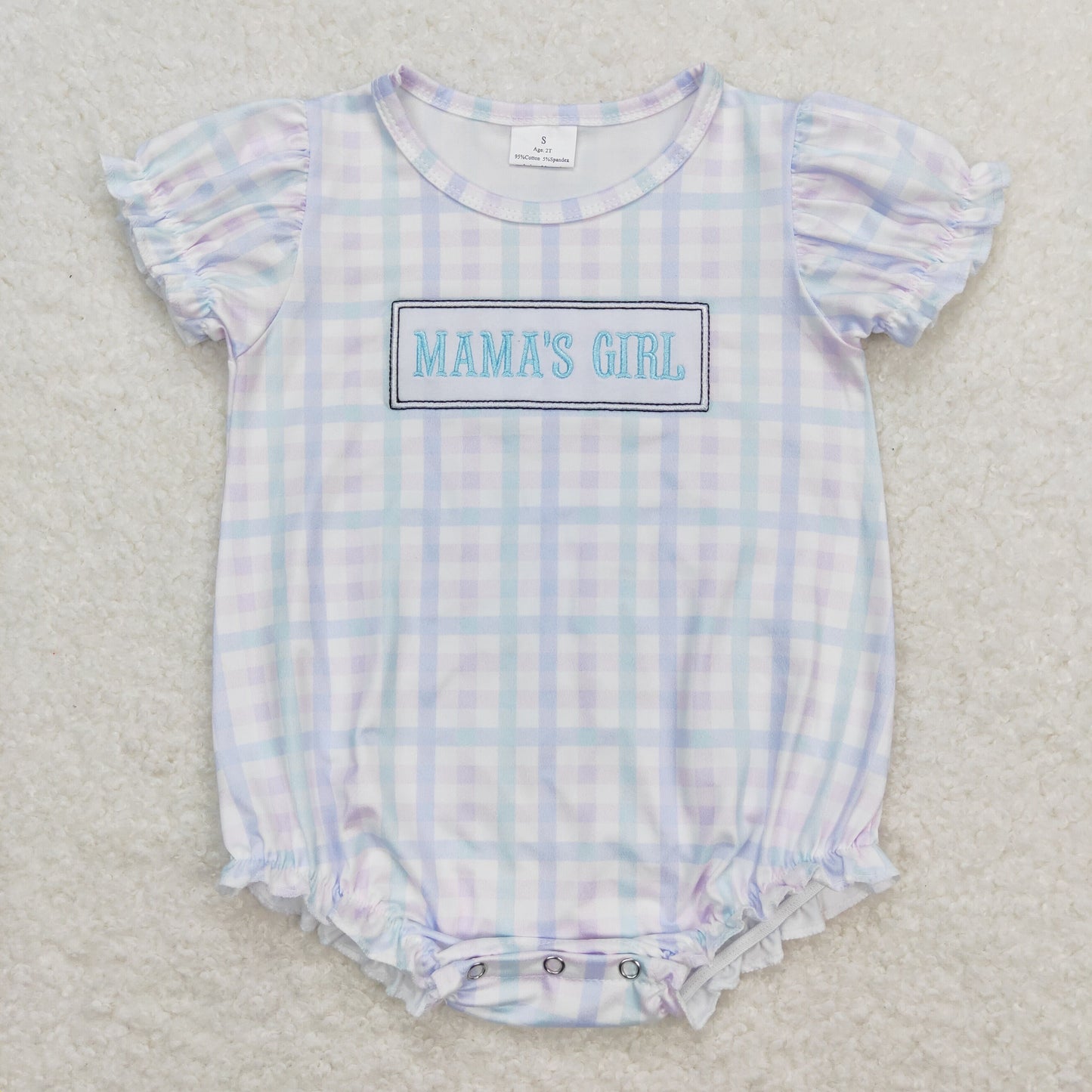 Short Sleeves Embroidery Mama's Boy Plaid Bubble One Piece Romper