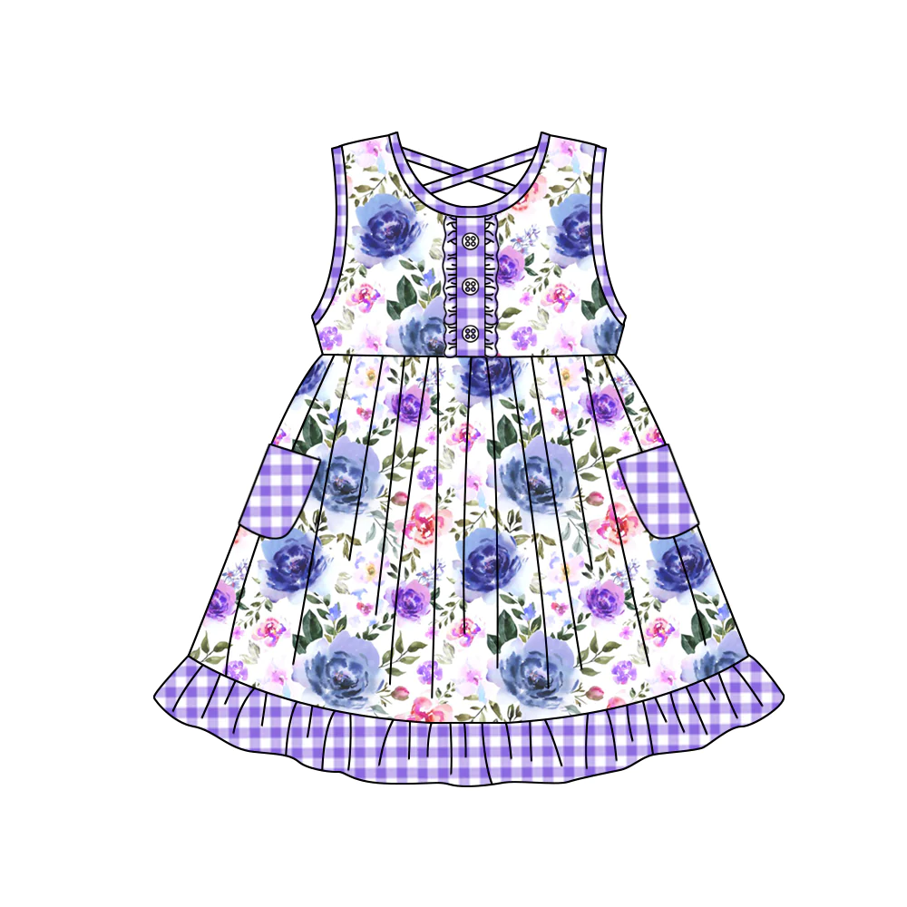 Moq 3 Pre-order GSD1008 Baby Girl Floral Pocket Purple Dress