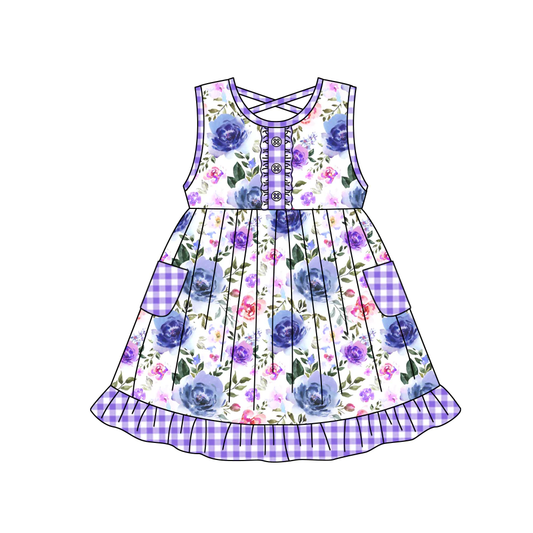 Moq 3 Pre-order GSD1008 Baby Girl Floral Pocket Purple Dress