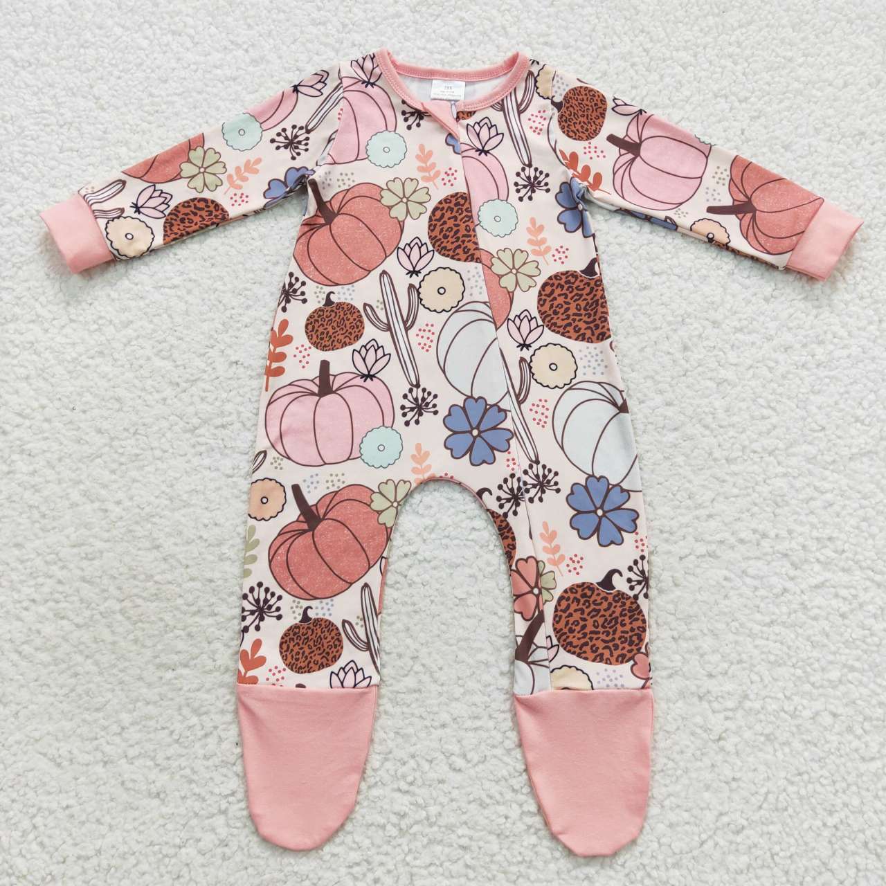 LR0553 Baby Girl Long Sleeves Pumpkin Floral Cactus One Piece Zipper Footie Romper