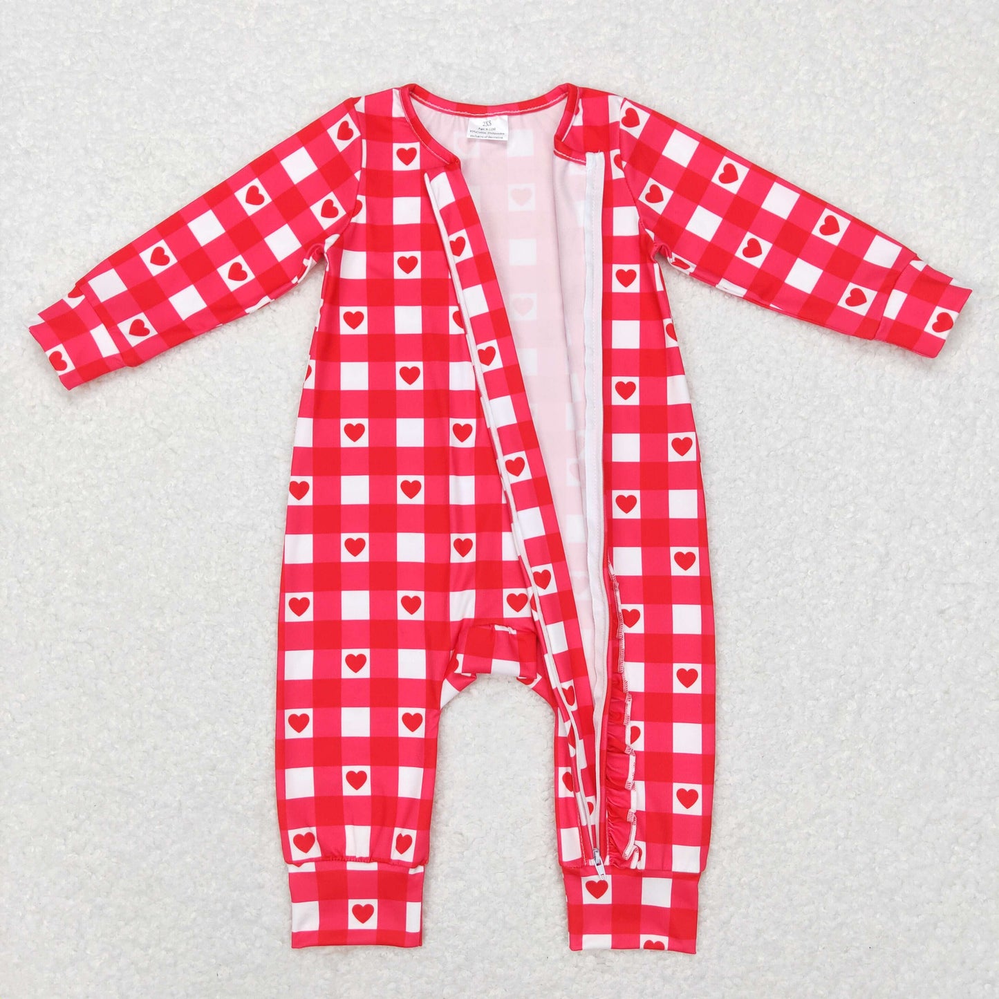 LR0832 Baby Girl Long Sleeves Valentine's Hearts Plaid Red One Piece Romper