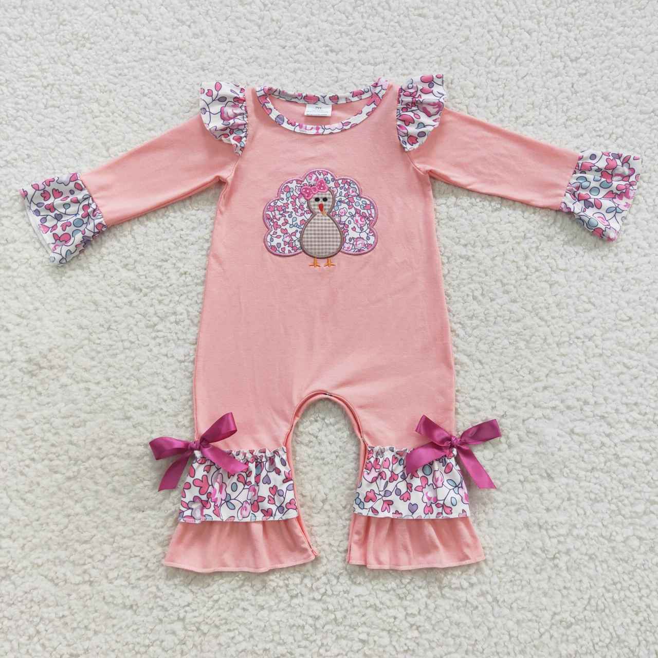 LR0358 Baby Girl Long Sleeves One Piece Thanksgiving Embroidery turkey Floral Pink Romper