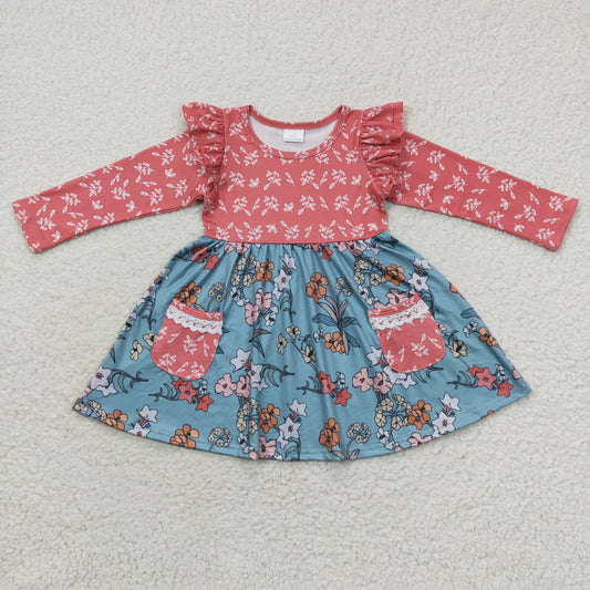 GLD0338 Baby Girl Floral Pocket Long Sleeves Dress