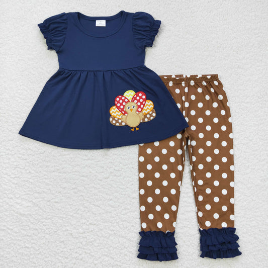 GSPO0795 Baby Girl Short Sleeves Embroidery turkey Dots Ruffle Pants Outfit