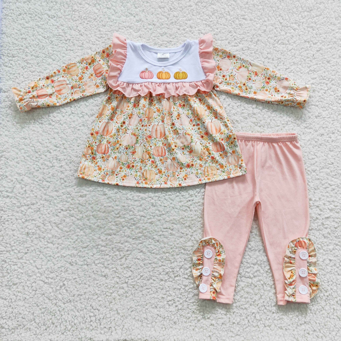 GLP0561 Baby Girl Thanksgiving Embroidery Pumpkin Floral Long Sleeves Pink Cotton Pants Outfit
