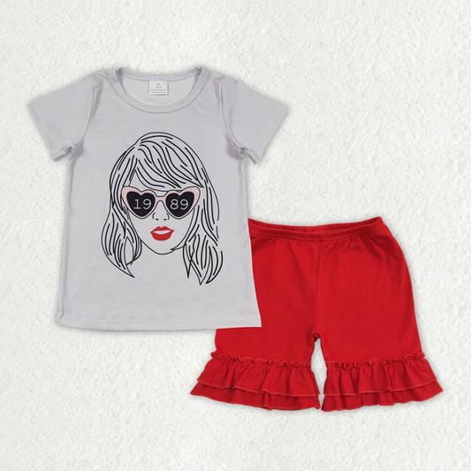 GSSO1377 Baby Girl Singer Shirt Red Cotton Shorts Summer Set