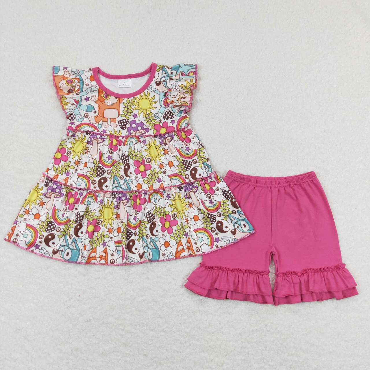 Baby Girl Short Sleeves Dogs Floral Tunic Pink Cotton Shorts Set