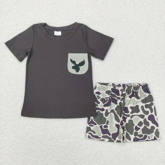 BSSO0303 Baby Boy Short Sleeves Deer Pocket Shirt Camo Shorts Summer Outfit