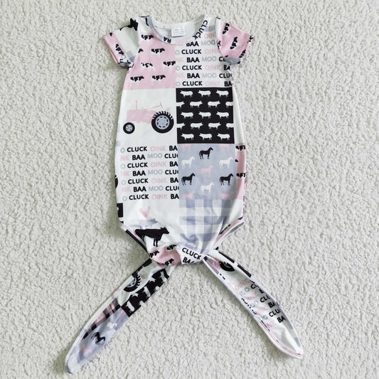 Promotion Baby Girl Newborn Knotted Gown Farm Animals Tractor Pink Romper
