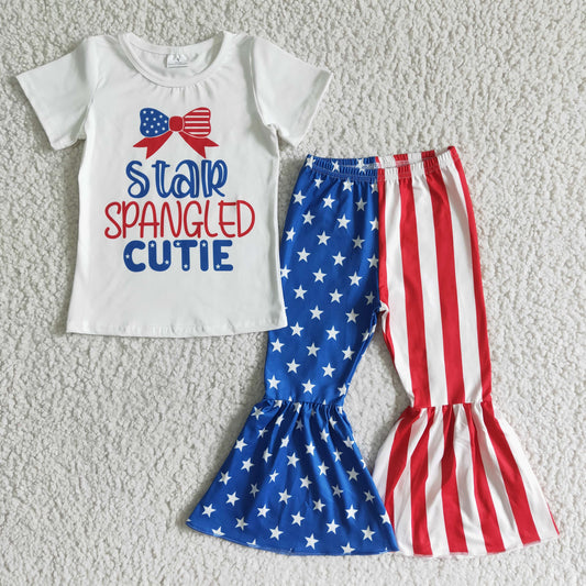 Promotion Baby Girl 4th Of July Short Sleeves Bow Shirt Stars Stripes Bell Pants Set RTS