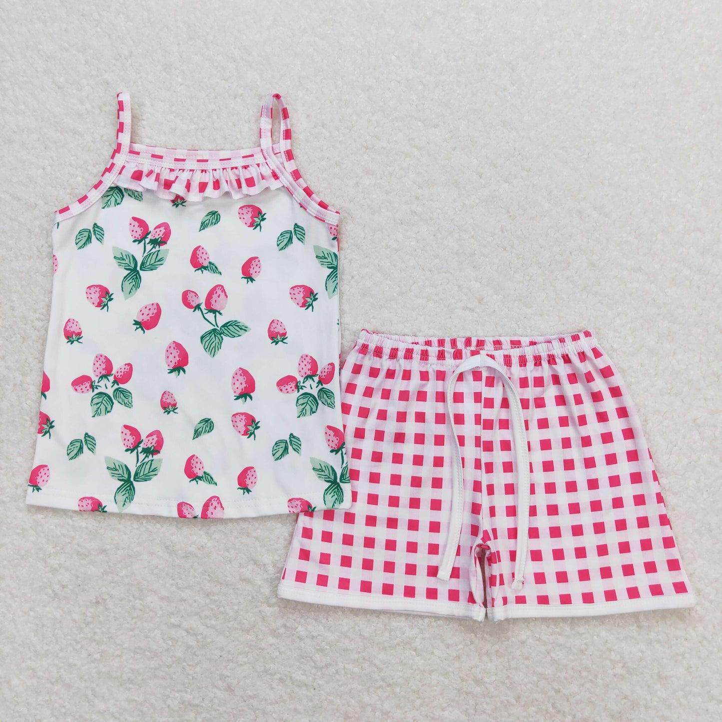 Baby Girls Summer Sleeveless Strawberry Shirt Pink Plaid Shorts Set