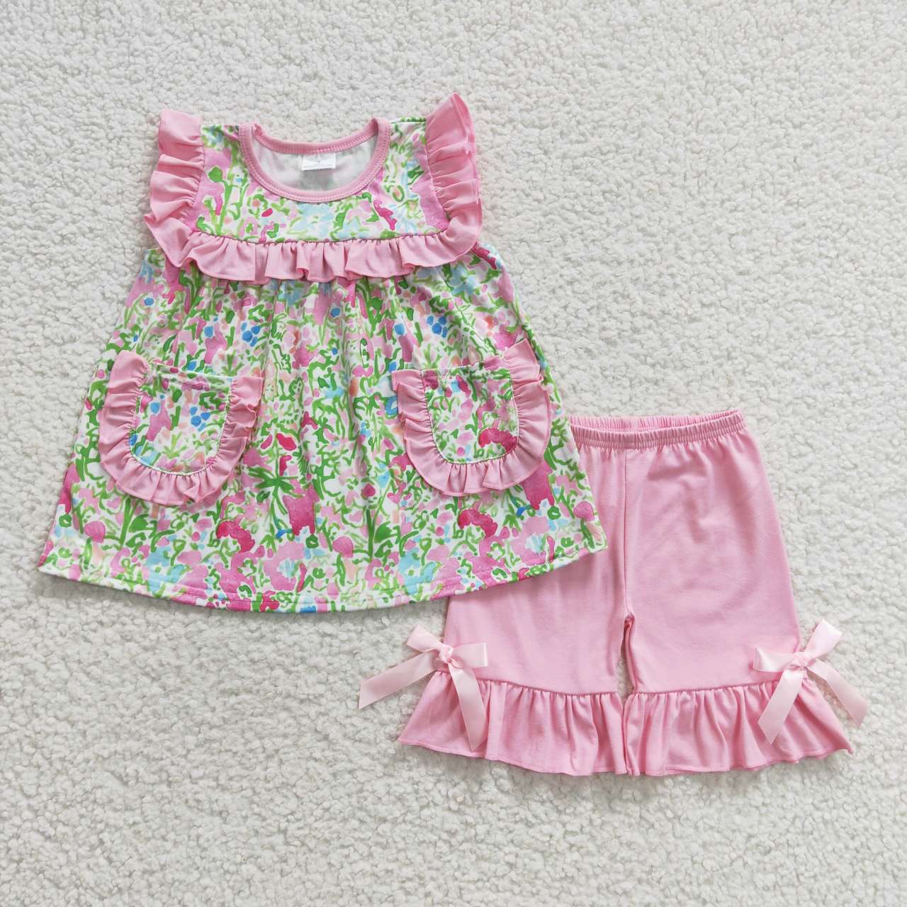 GSSO0338 Baby Girl Sleeveless Floral Pocket Tunic Pink Cotton Shorts Outfit