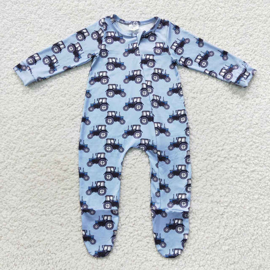 LR0537 Baby Boy Long Sleeves Tractor One Piece Zipper Footie Romper