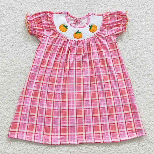 GSD0423 Baby Girl Smocked Embroidery Pumpkin Plaid Dress