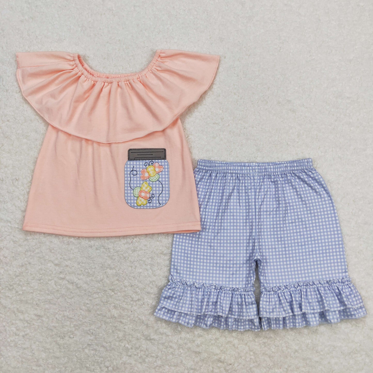 Baby Girl Embroidery Butterfly Cotton Tops Blue Plaid Shorts Summer Set