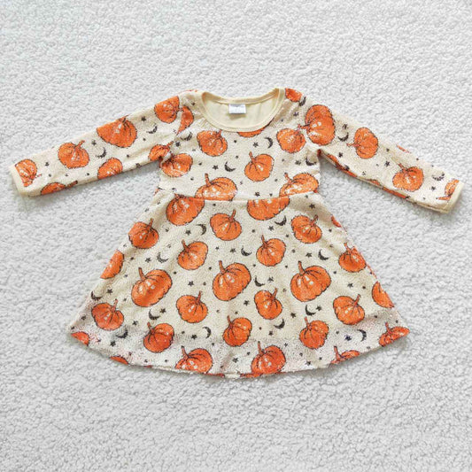 GLD0271 Baby Girl Long Sleeves Sequins Pumpkin Orange Dress